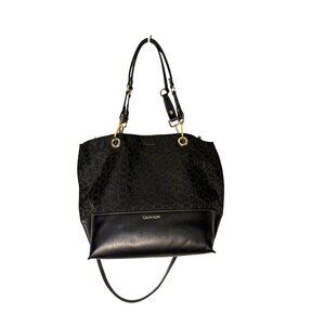 Calvin Klein Monogrammed Black Tote Bag & Matching Pouch W/ Gold Color Hardware